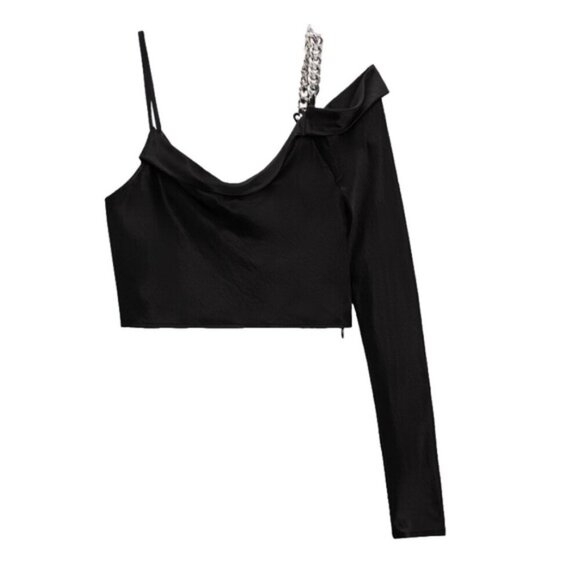 NWT ZARA Satin Crop Top One Shoulder Asymmetric Chain‎ Strap 4661/406/800 Sz XS - Picture 4 of 14